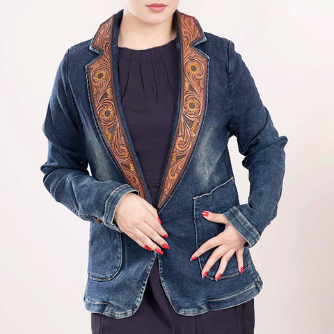Luxury Western Denim Blazer with Intricate Floral Tooled Leather Detailing
