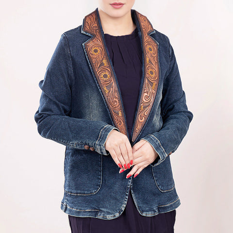 Luxury Western Denim Blazer with Intricate Floral Tooled Leather Detailing