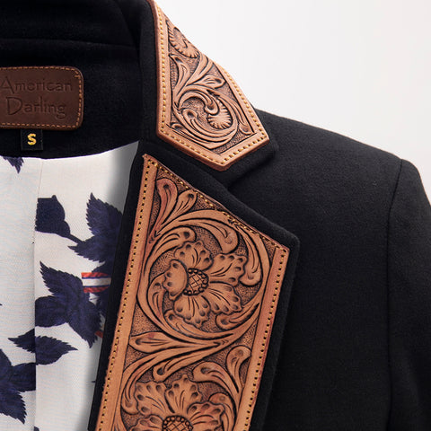 American Darling Women Western Black Fabric Blazer with Hand-Tooled Leather Lapels