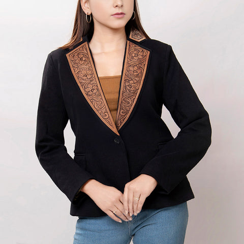 American Darling Women Western Black Fabric Blazer with Hand-Tooled Leather Lapels