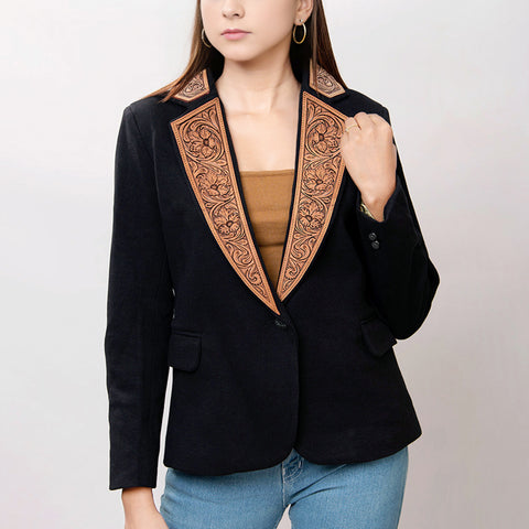 American Darling Women Western Black Fabric Blazer with Hand-Tooled Leather Lapels