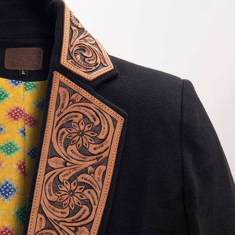 American Darling Hand-Tooled Leather Western Blazer - Black Floral Accent