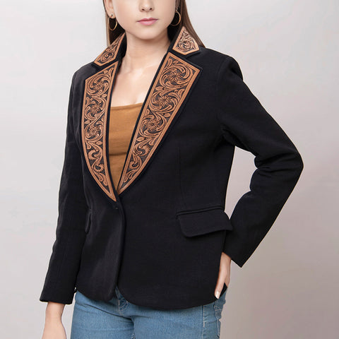 American Darling Hand-Tooled Leather Western Blazer - Black Floral Accent