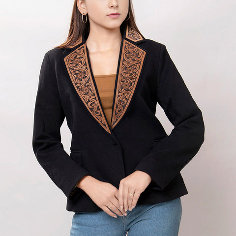 American Darling Hand-Tooled Leather Western Blazer - Black Floral Accent
