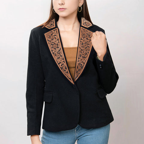 American Darling Hand-Tooled Leather Western Blazer - Black Floral Accent