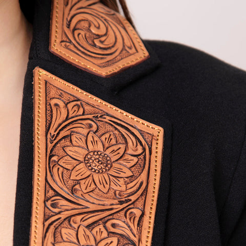American Darling Women's Western Black Blazer with Hand-Tooled Leather Trim