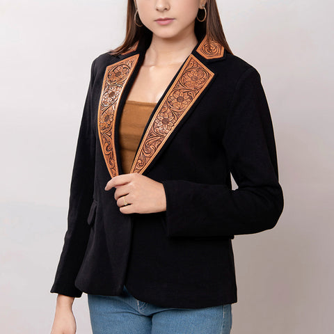American Darling Women's Western Black Blazer with Hand-Tooled Leather Trim