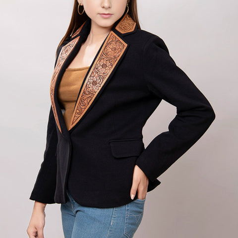 American Darling Women's Western Black Blazer with Hand-Tooled Leather Trim