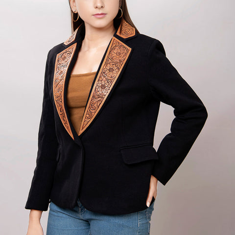 American Darling Women's Western Black Blazer with Hand-Tooled Leather Trim