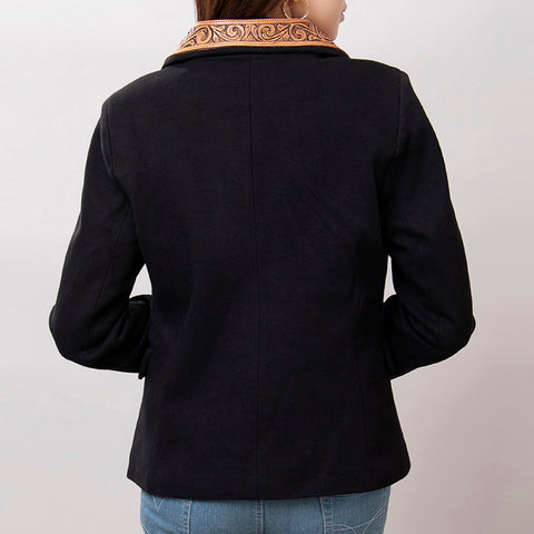 American Darling Women's Western Black Blazer with Hand-Tooled Leather Trim