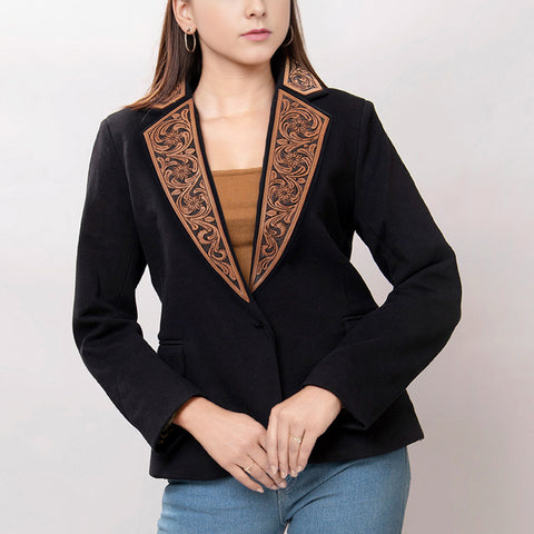American Darling Women's Western Black Blazer with Hand-Tooled Leather Trim