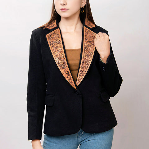 American Darling Women's Western Black Blazer with Hand-Tooled Leather Trim
