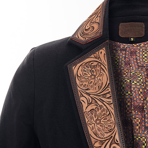 American Darling Fabric Western Blazer with Hand-Tooled Leather Sunflower Lapels