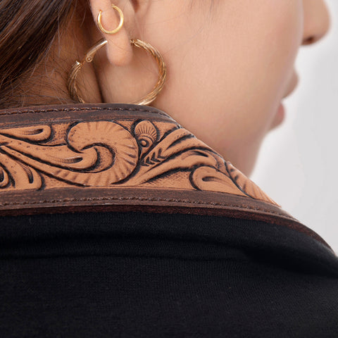 American Darling Fabric Western Blazer with Hand-Tooled Leather Sunflower Lapels