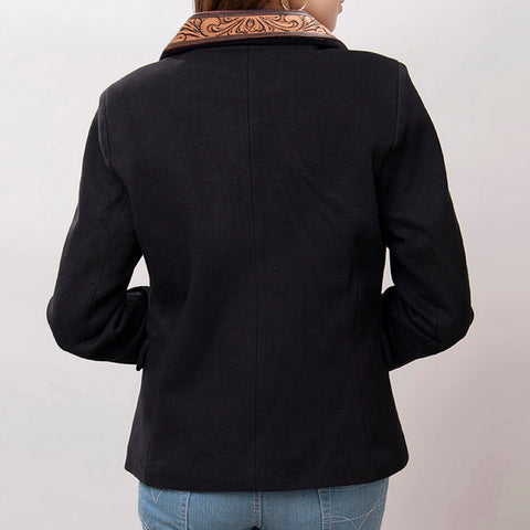 American Darling Fabric Western Blazer with Hand-Tooled Leather Sunflower Lapels