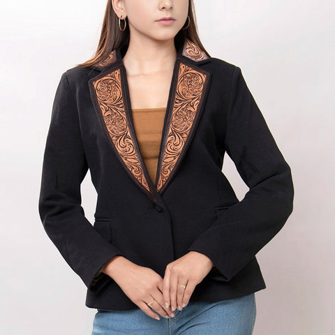 American Darling Fabric Western Blazer with Hand-Tooled Leather Sunflower Lapels