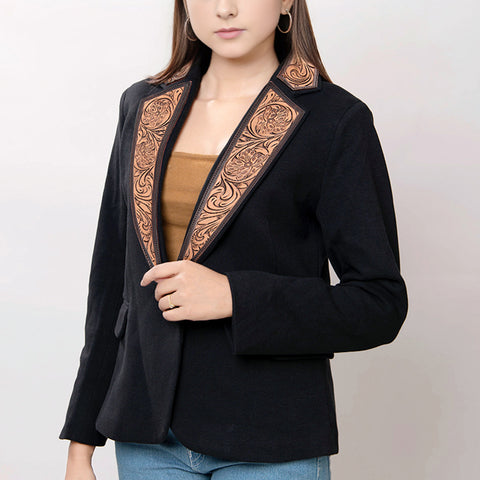American Darling Fabric Western Blazer with Hand-Tooled Leather Sunflower Lapels
