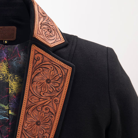 American Darling Fabric Western Blazer - Hand-Tooled Ornate Leather Lapels