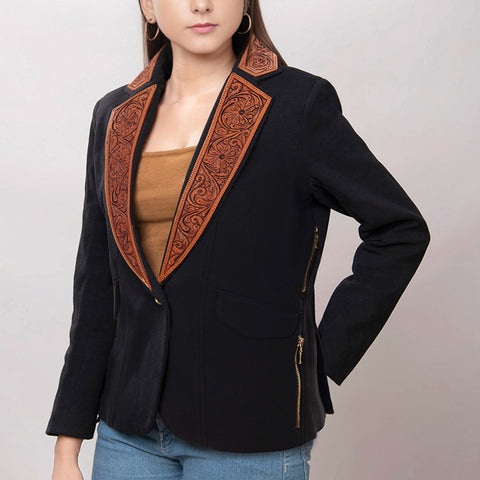 American Darling Fabric Western Blazer - Hand-Tooled Ornate Leather Lapels