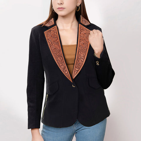 American Darling Fabric Western Blazer - Hand-Tooled Ornate Leather Lapels