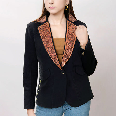 American Darling Fabric Western Blazer - Hand-Tooled Ornate Leather Lapels