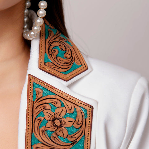 Elegant White Fabric Western Blazer with Hand-Tooled Turquoise Leather Lapels