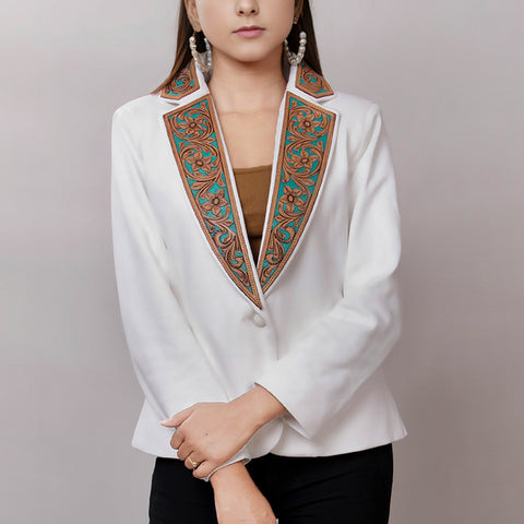 Elegant White Fabric Western Blazer with Hand-Tooled Turquoise Leather Lapels