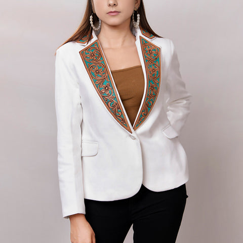 Elegant White Fabric Western Blazer with Hand-Tooled Turquoise Leather Lapels