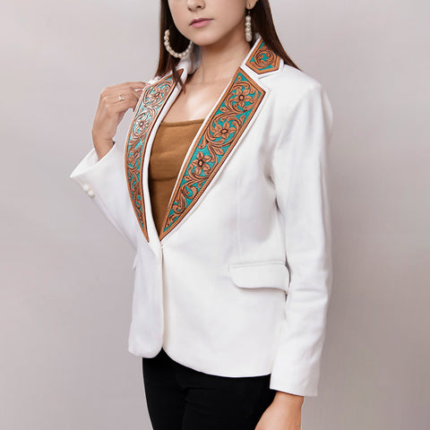 Elegant White Fabric Western Blazer with Hand-Tooled Turquoise Leather Lapels