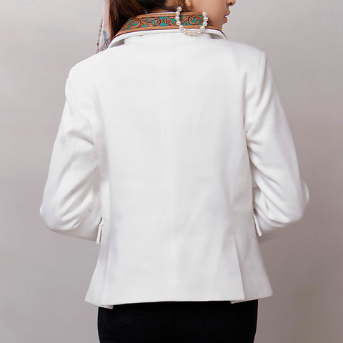 Elegant White Fabric Western Blazer with Hand-Tooled Turquoise Leather Lapels