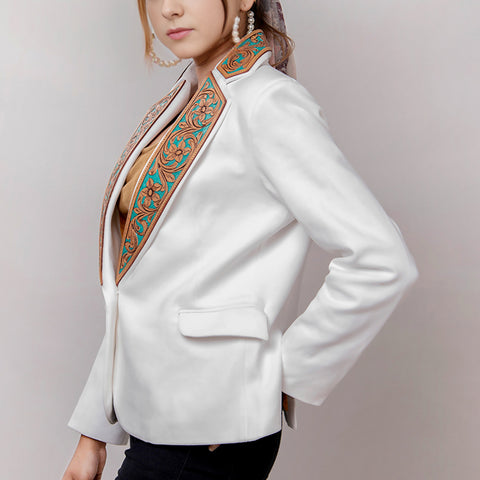 Elegant White Fabric Western Blazer with Hand-Tooled Turquoise Leather Lapels