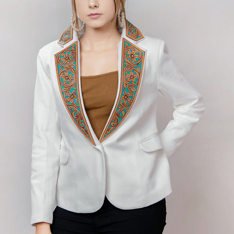 Elegant White Fabric Western Blazer with Hand-Tooled Turquoise Leather Lapels
