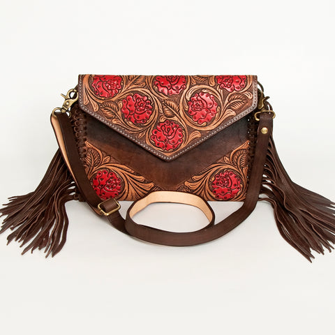 American Darling Hand Tooled Floral Carved Leather Envelope with Fringes