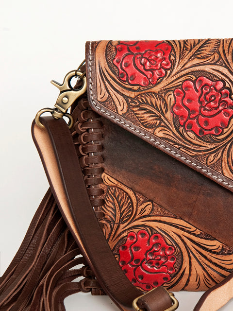 American Darling Hand Tooled Floral Carved Leather Envelope with Fringes