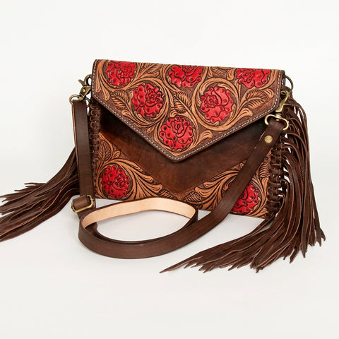 American Darling Hand Tooled Floral Carved Leather Envelope with Fringes