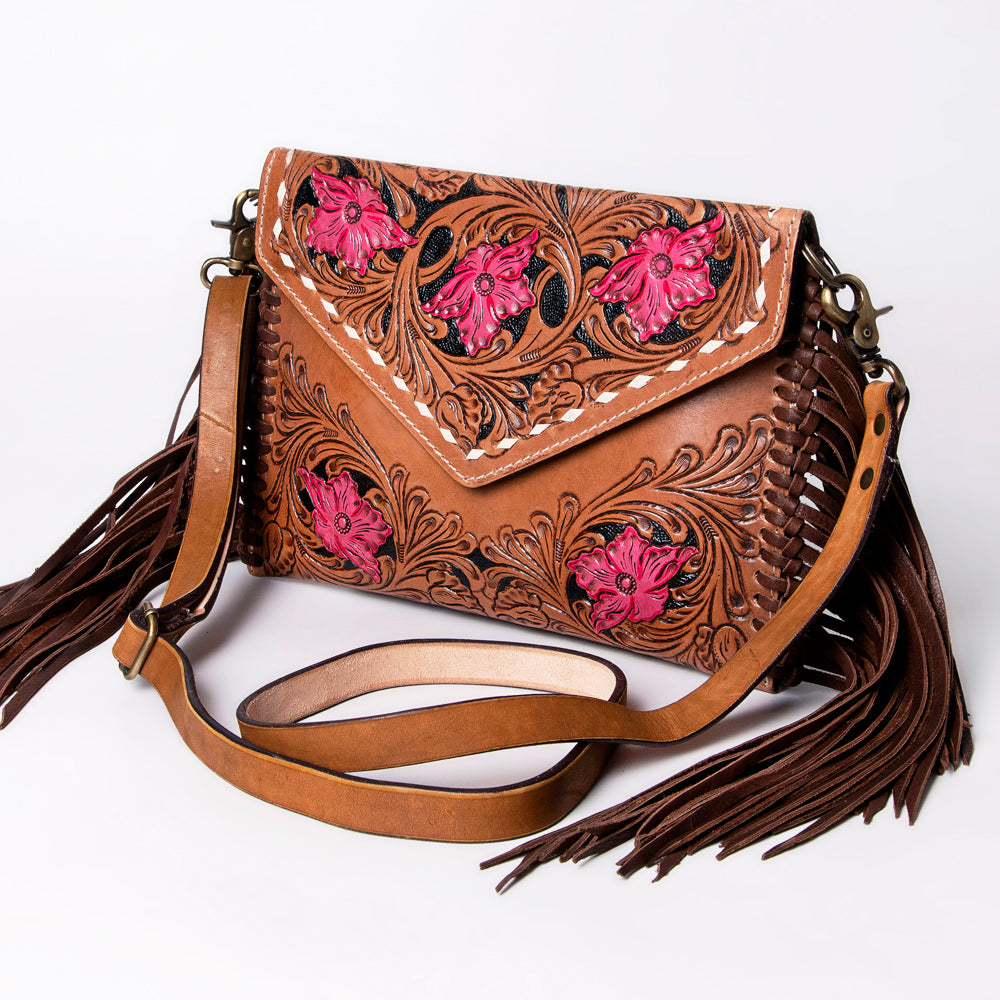 LC-ADBGA290 American Darling Hand Tooled Leather Crossbody with Floral design & Fringe
