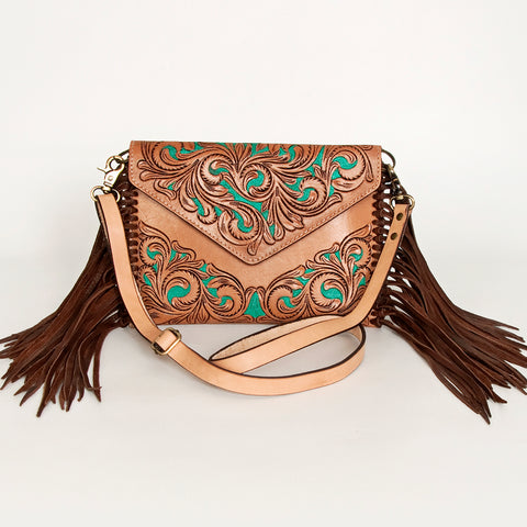 American Darling Hand Tooled Floral Carved Leather Envelope with Fringes