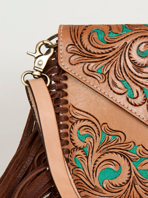 American Darling Hand Tooled Floral Carved Leather Envelope with Fringes