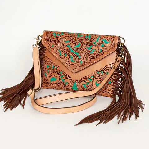 American Darling Hand Tooled Floral Carved Leather Envelope with Fringes