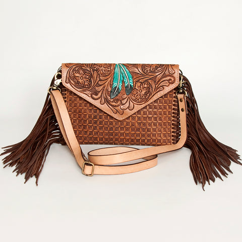 American Darling Hand Tooled Floral Carved Leather Envelope with Fringes