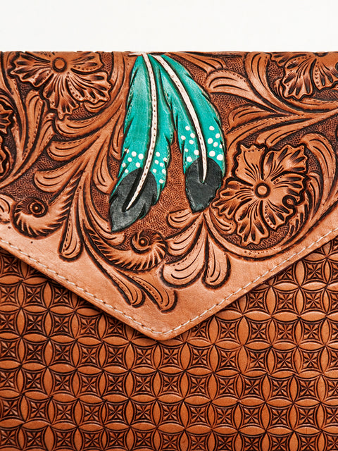 American Darling Hand Tooled Floral Carved Leather Envelope with Fringes