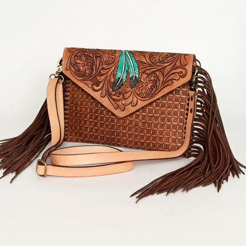 American Darling Hand Tooled Floral Carved Leather Envelope with Fringes