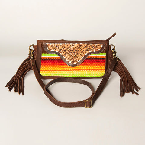 American Darling Southwestern Wool & Leather Fringe Crossbody Bag with Hand-Tooled Flap