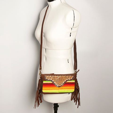American Darling Southwestern Wool & Leather Fringe Crossbody Bag with Hand-Tooled Flap