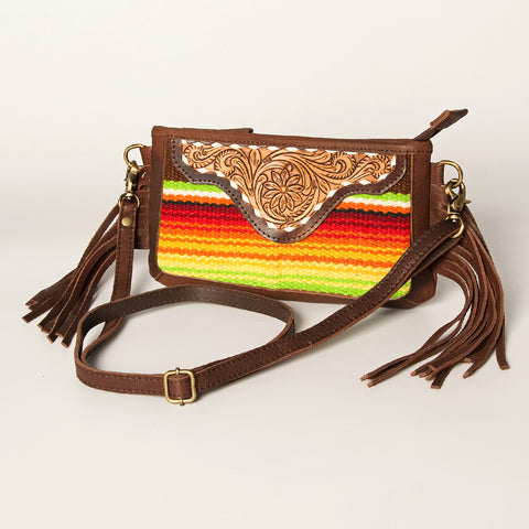 American Darling Southwestern Wool & Leather Fringe Crossbody Bag with Hand-Tooled Flap