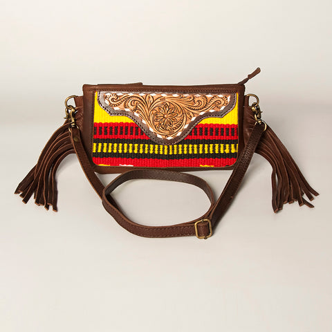 American Darling Southwestern Wool & Leather Fringe Crossbody Bag with Hand-Tooled Flap