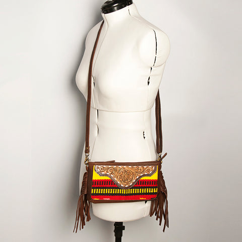 American Darling Southwestern Wool & Leather Fringe Crossbody Bag with Hand-Tooled Flap