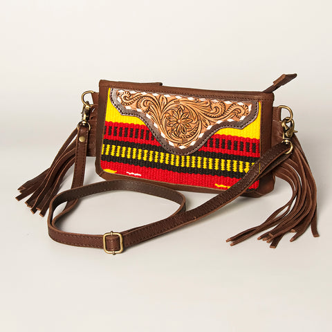 American Darling Southwestern Wool & Leather Fringe Crossbody Bag with Hand-Tooled Flap