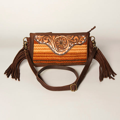 American Darling Southwestern Wool & Leather Fringe Crossbody Bag with Hand-Tooled Flap