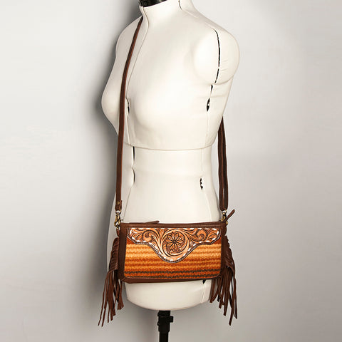 American Darling Southwestern Wool & Leather Fringe Crossbody Bag with Hand-Tooled Flap